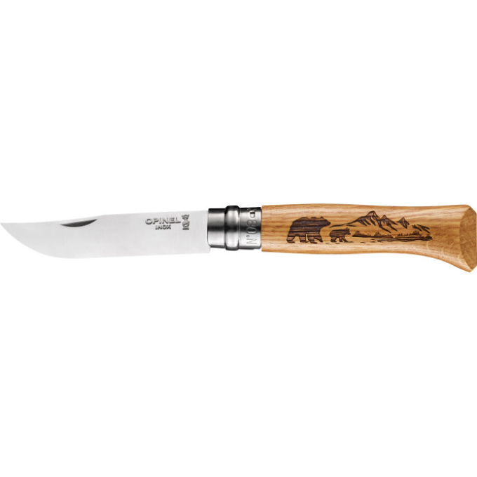 Нож OPINEL №8 ANIMALIA нержавеющая сталь, рукоять дуб, гравировка медведь 002628